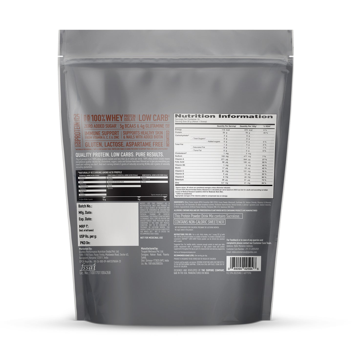 Isopure Dutch Chocolate - 500g / 1.1lb (Low Carb, Lactose-Free, Zero Added Sugar)