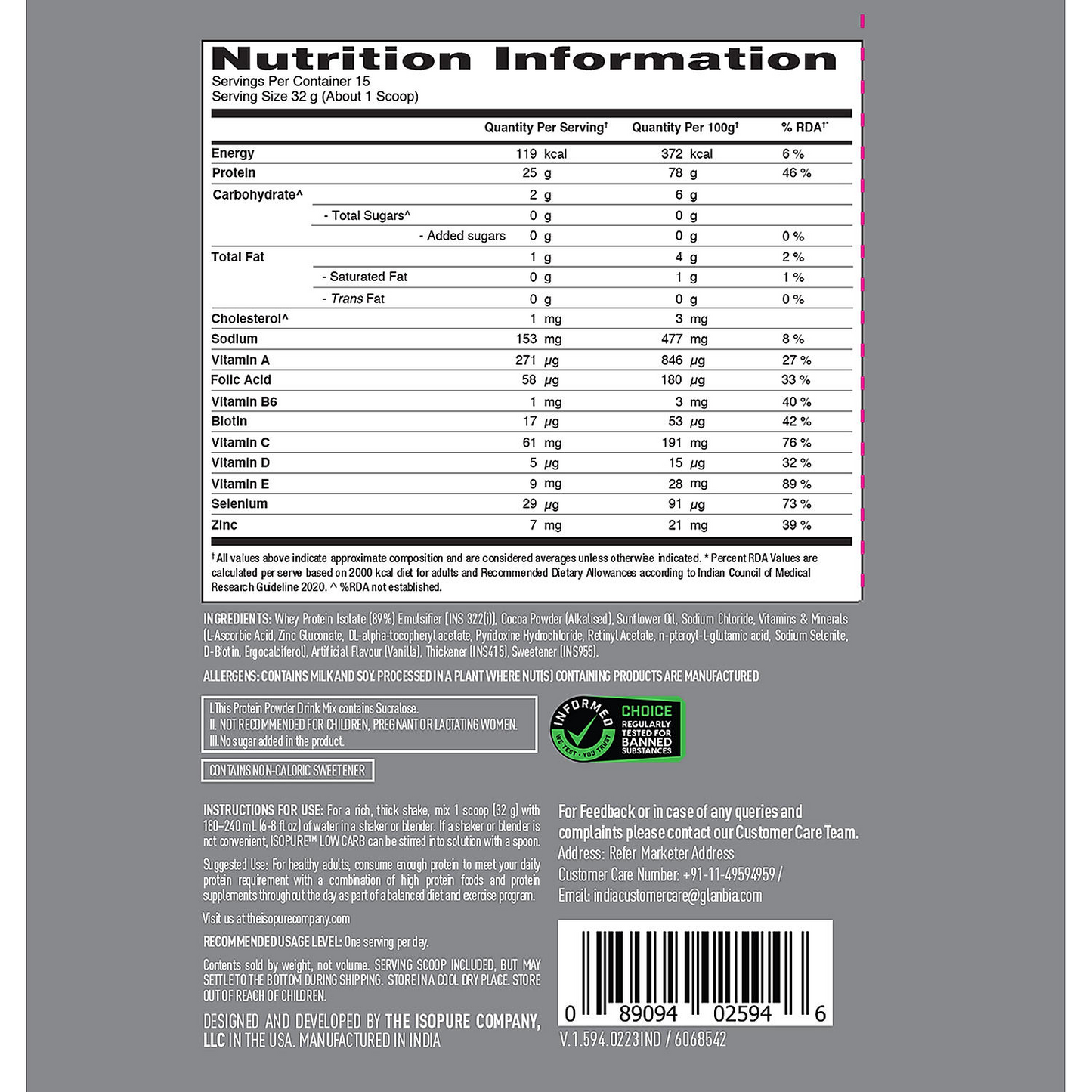 Isopure Dutch Chocolate - 500g / 1.1lb (Low Carb, Lactose-Free, Zero Added Sugar)