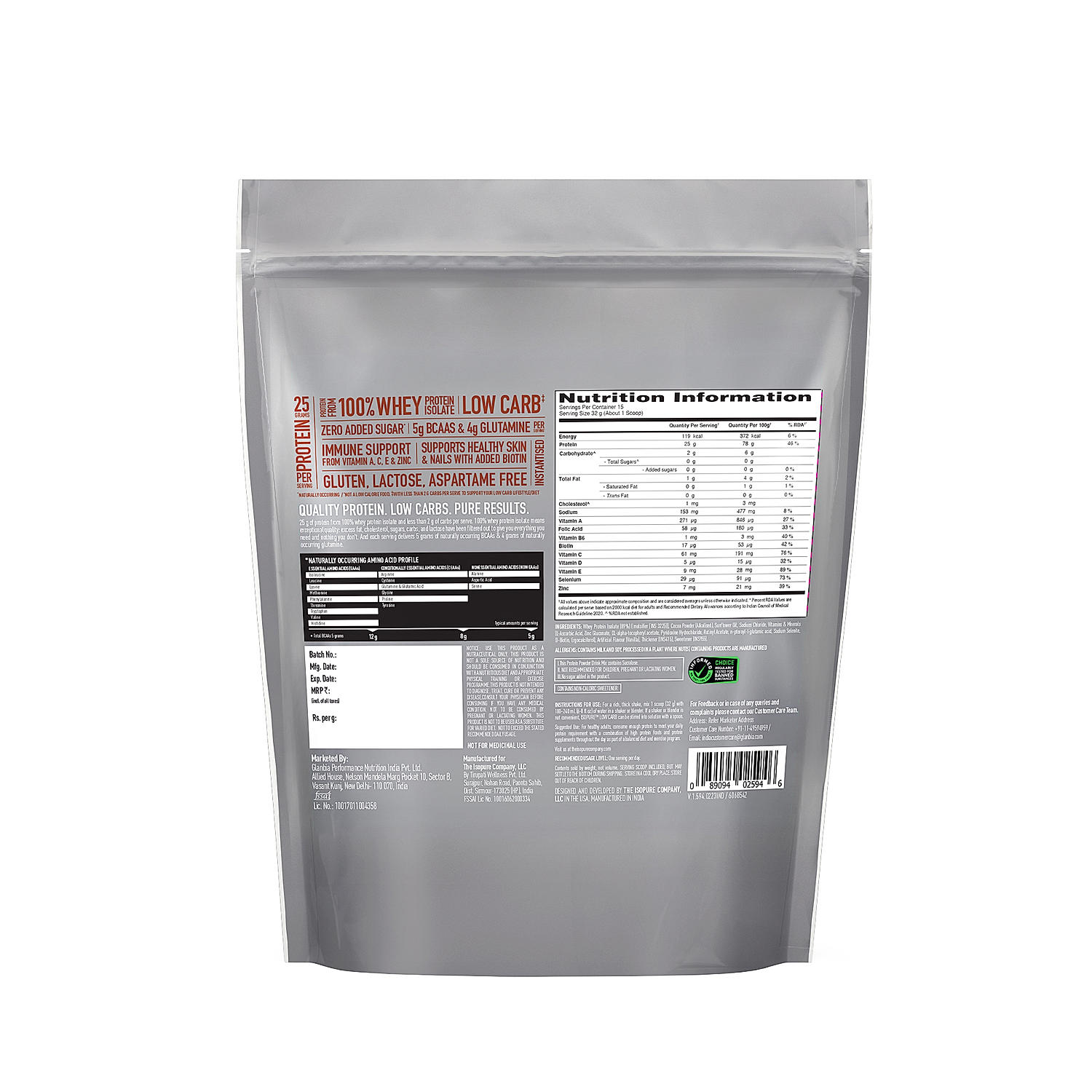 Isopure Dutch Chocolate - 500g / 1.1lb (Low Carb, Lactose-Free, Zero Added Sugar)