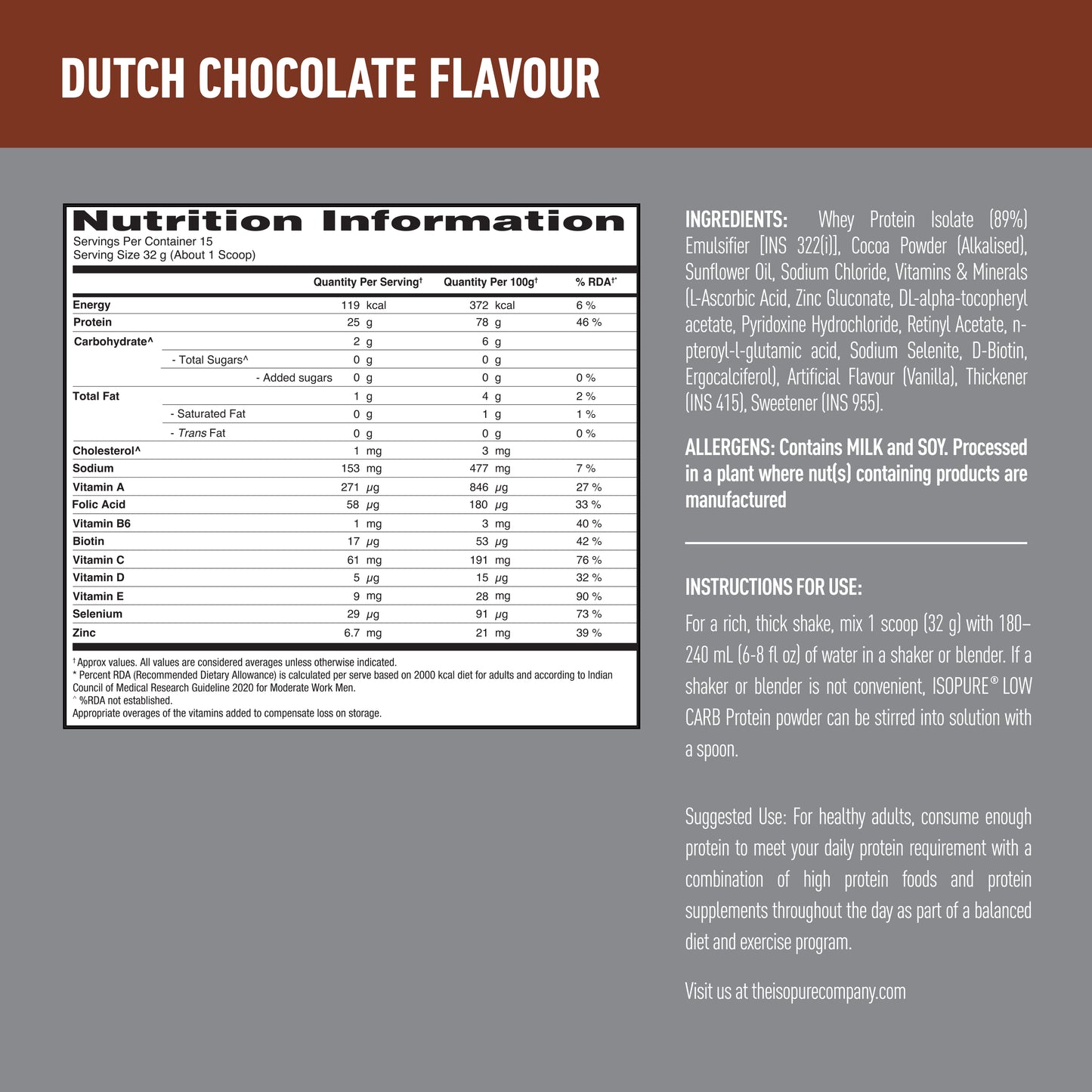 Isopure Dutch Chocolate - 500g / 1.1lb (Low Carb, Lactose-Free, Zero Added Sugar)
