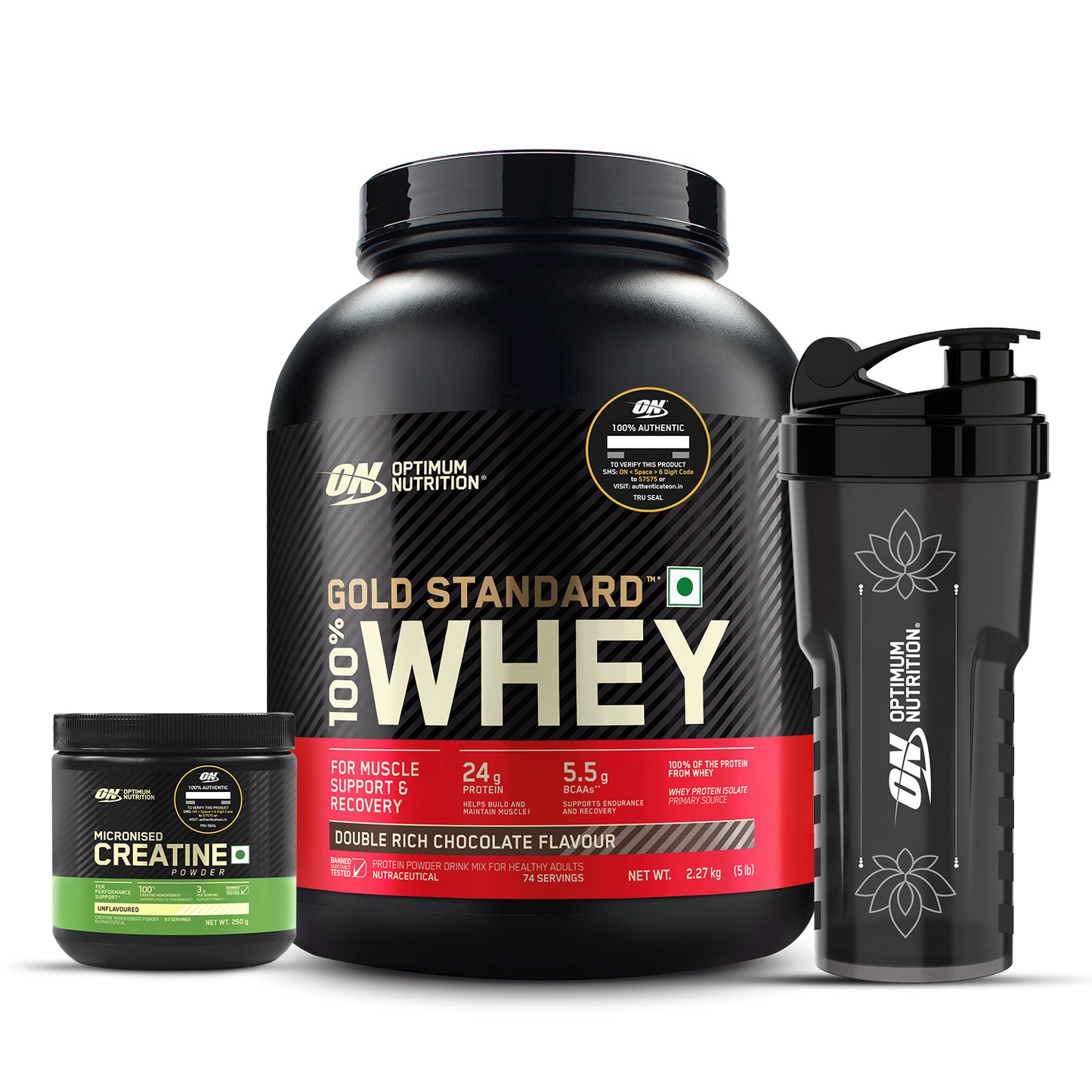 Gold Standard 100% Whey Protein Powder Double Rich Chocolate 5 lbs and Micronised Creatine Powder Unflavoured  250 g + FREE Festive Shaker