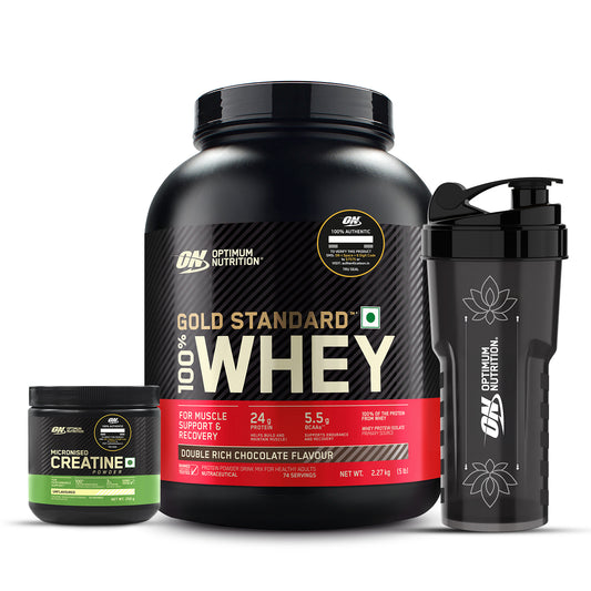 Gold Standard 100% Whey Protein Powder Double Rich Chocolate 5 lbs and Micronised Creatine Powder Unflavoured  250 g + FREE Festive Shaker