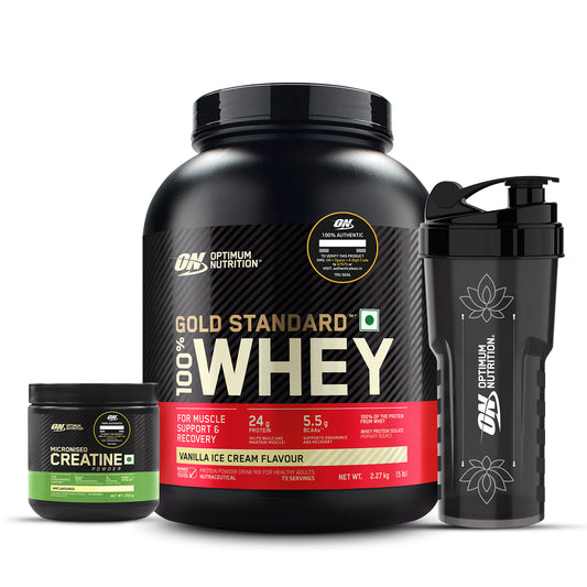 Gold Standard 100% Whey Protein Powder Vanilla Ice Cream 5 lbs and Micronised Creatine Powder Unflavoured 250 g + FREE Festive Shaker