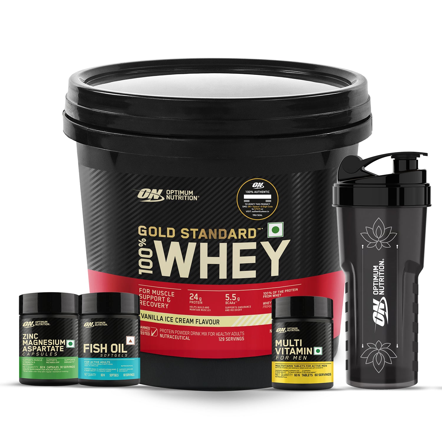 Gold Standard 100% Whey Protein Powder  Vanilla Ice Cream 4 kg + Multivitamin for MEN- 60 Tablets + Zinc Magnesium Aspartate (ZMA) - 60 Capsules + Fish Oil - 60 Capsules + FREE Festive Shaker