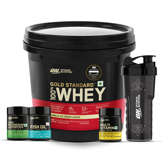Gold Standard 100% Whey Protein Powder  Vanilla Ice Cream 4 kg + Multivitamin for MEN- 60 Tablets + Zinc Magnesium Aspartate (ZMA) - 60 Capsules + Fish Oil - 60 Capsules + FREE Festive Shaker
