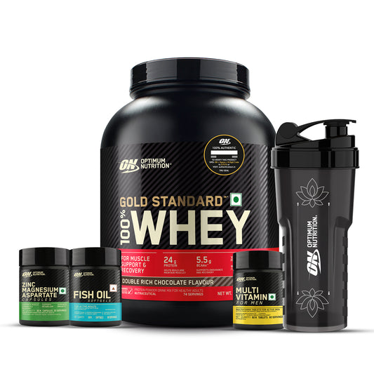 Gold Standard 100% Whey Protein Powder Double Rich Chocolate 5 lbs + Multivitamin for MEN- 60 Tablets + Zinc Magnesium Aspartate (ZMA) - 60 Capsules + Fish Oil - 60 Capsules + FREE Festive Shaker