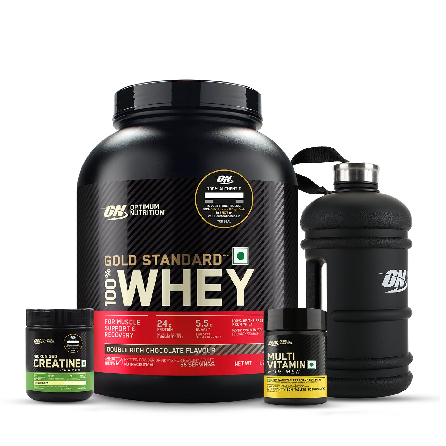 MultiGains - Gold Standard 100% Whey Protein Powder | Double Rich Chocolate | 1.7 kg + Micronized Creatine Powder | Unflavoured| 100 g + Multivitamin for MEN- 60 Tablets + FREE Gallon Bottle
