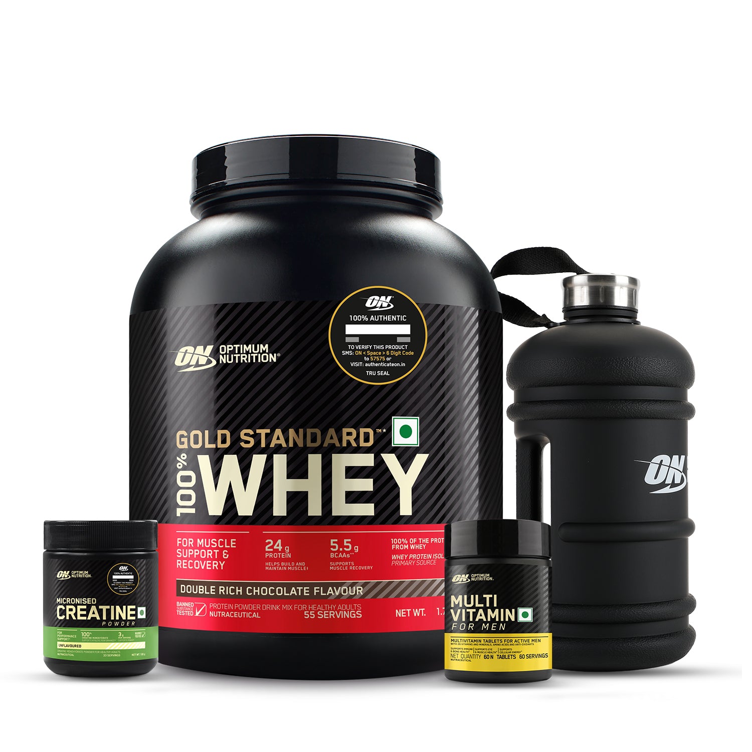 MultiGains - Gold Standard 100% Whey Protein Powder | Double Rich Chocolate | 1.7 kg + Micronized Creatine Powder | Unflavoured| 100 g + Multivitamin for MEN- 60 Tablets + FREE Gallon Bottle