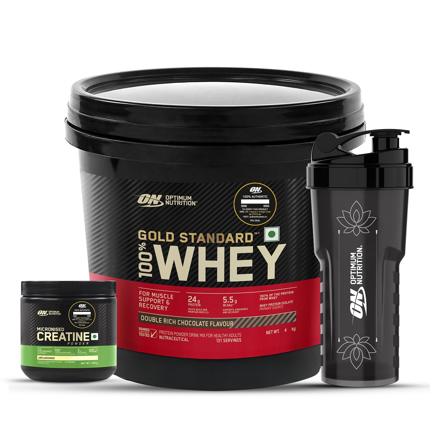 Gold Standard 100% Whey Protein Powder  Double Rich Chocolate  4 kg and Micronised Creatine Powder  Unflavoured  250 g + FREE Festive Shaker