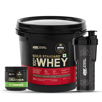 Gold Standard 100% Whey Protein Powder  Double Rich Chocolate  4 kg and Micronised Creatine Powder  Unflavoured  250 g + FREE Festive Shaker