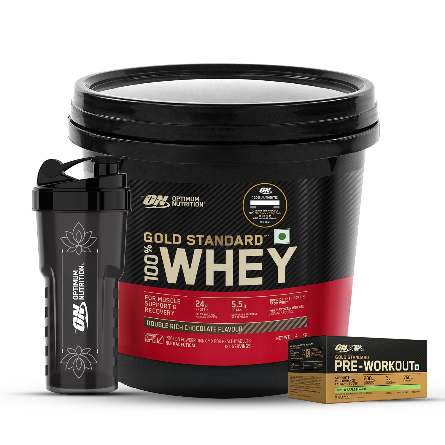 Gold Standard 100% Whey 4 KG Double Rich Chocolate + Pre Workout Green Apple + FREE Festive Shaker