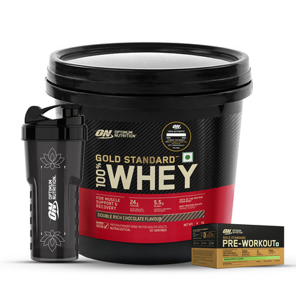 Gold Standard 100% Whey 4 KG Double Rich Chocolate + Pre Workout Green Apple + FREE Festive Shaker