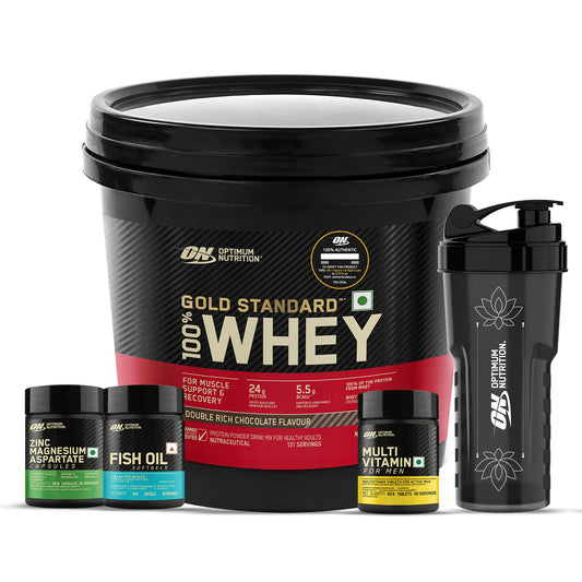 Gold Standard 100% Whey Protein Powder  Double Rich Chocolate 4 kg + Multivitamin for MEN- 60 Tablets + Zinc Magnesium Aspartate (ZMA) - 60 Capsules + Fish Oil - 60 Capsules + FREE Festive Shaker