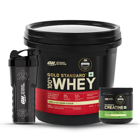 Gold Standard 100% Whey Protein Powder  Vanilla Ice Cream  4 kg and Micronized Creatine Powder  Unflavoured 250 g + FREE Festive Shaker