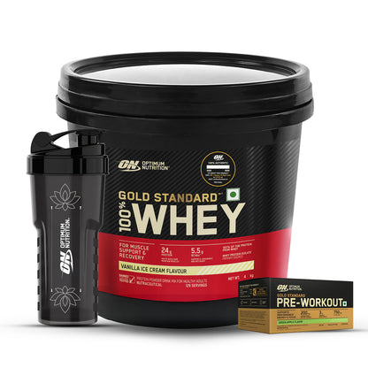 Gold Standard 100% Whey Protein Powder  Vanilla Ice Cream 4 kg + Pre Workout Green Apple + FREE Festive Shaker