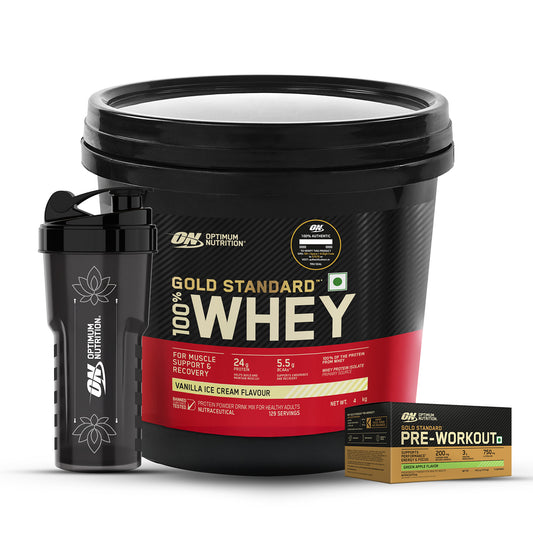 Gold Standard 100% Whey Protein Powder  Vanilla Ice Cream 4 kg + Pre Workout Green Apple + FREE Festive Shaker