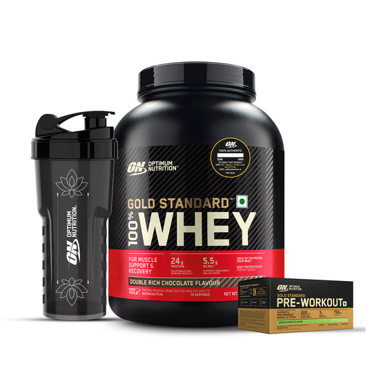 Gold Standard 100% Whey 5 Lbs Double Rich Chocolate + Pre Workout Green Apple + FREE Festive Shaker