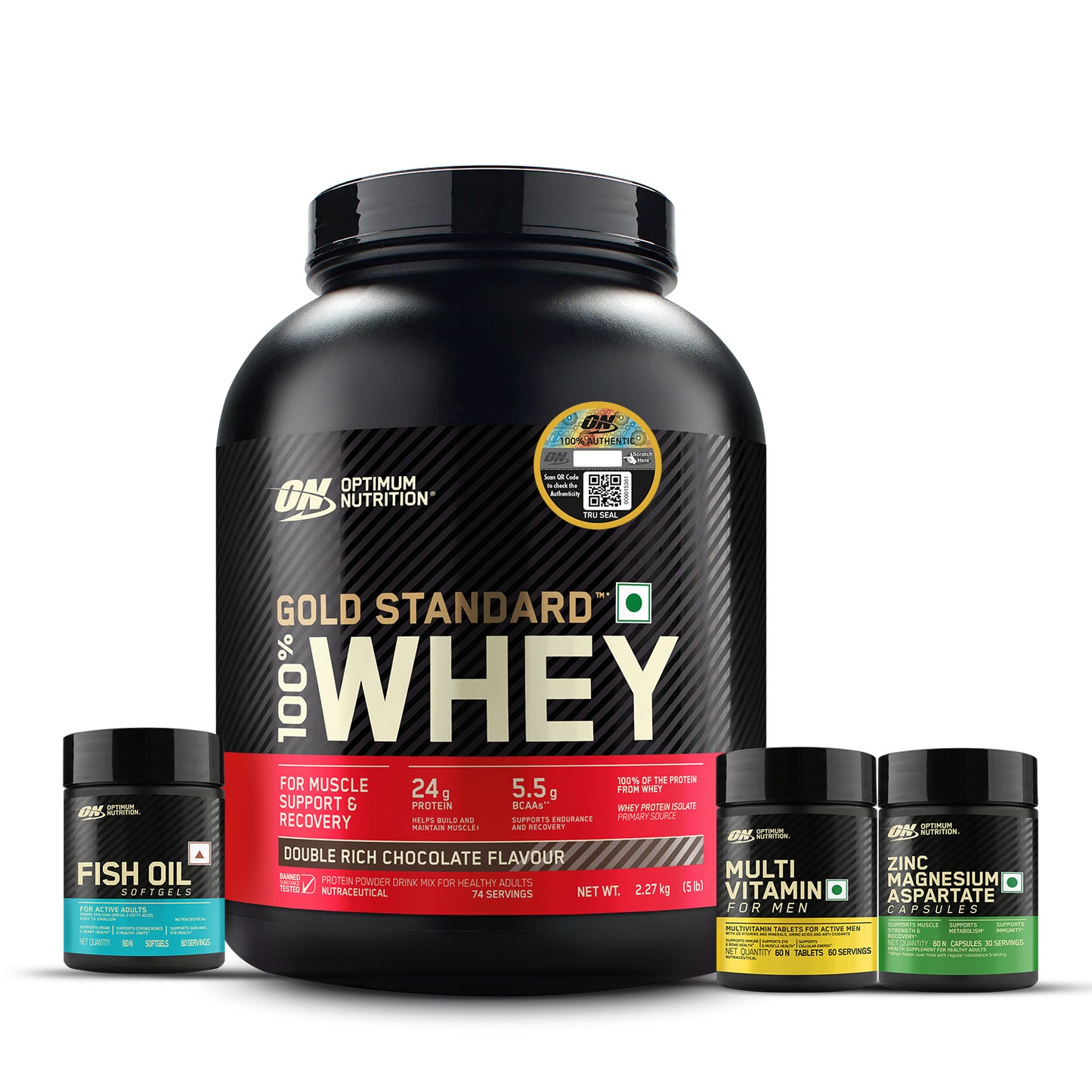 Gold Standard 100% Whey Protein Powder Double Rich Chocolate 5 lbs + Multivitamin for MEN- 60 Tablets + Zinc Magnesium Aspartate (ZMA) - 60 Capsules + Fish Oil - 60 Capsules + FREE Festive Shaker