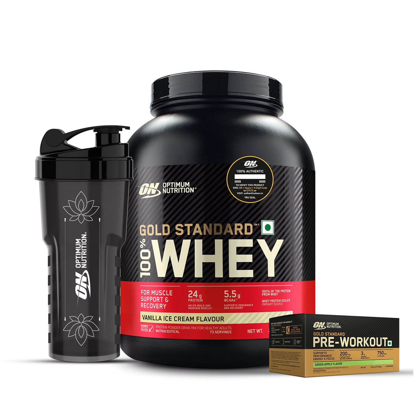 Gold Standard 100% Whey Protein Powder  Vanilla Ice Cream 5 lbs + Pre Workout Green Apple + FREE Festive Shaker