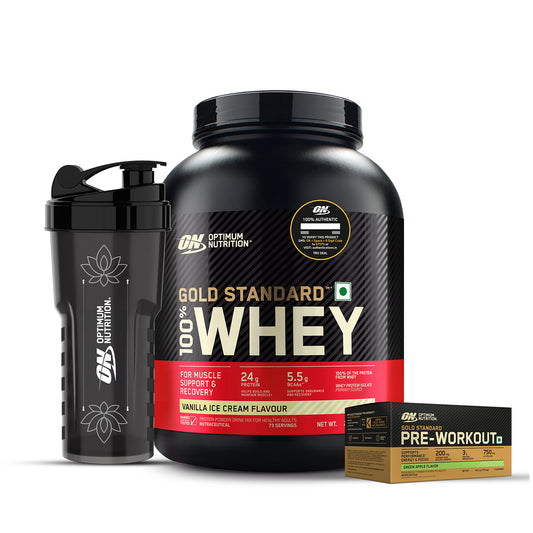 Gold Standard 100% Whey Protein Powder  Vanilla Ice Cream 5 lbs + Pre Workout Green Apple + FREE Festive Shaker