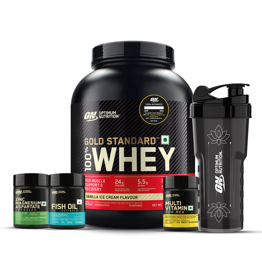 Gold Standard 100% Whey Protein Powder  Vanilla Ice Cream 5 lbs + Multivitamin for MEN- 60 Tablets + Zinc Magnesium Aspartate (ZMA) - 60 Capsules + Fish Oil - 60 Capsules + FREE Festive Shaker