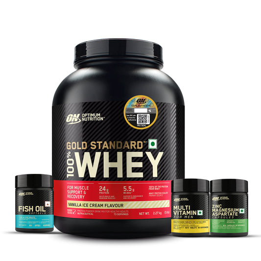 Gold Standard 100% Whey Protein Powder  Vanilla Ice Cream 5 lbs + Multivitamin for MEN- 60 Tablets + Zinc Magnesium Aspartate (ZMA) - 60 Capsules + Fish Oil - 60 Capsules + FREE Festive Shaker