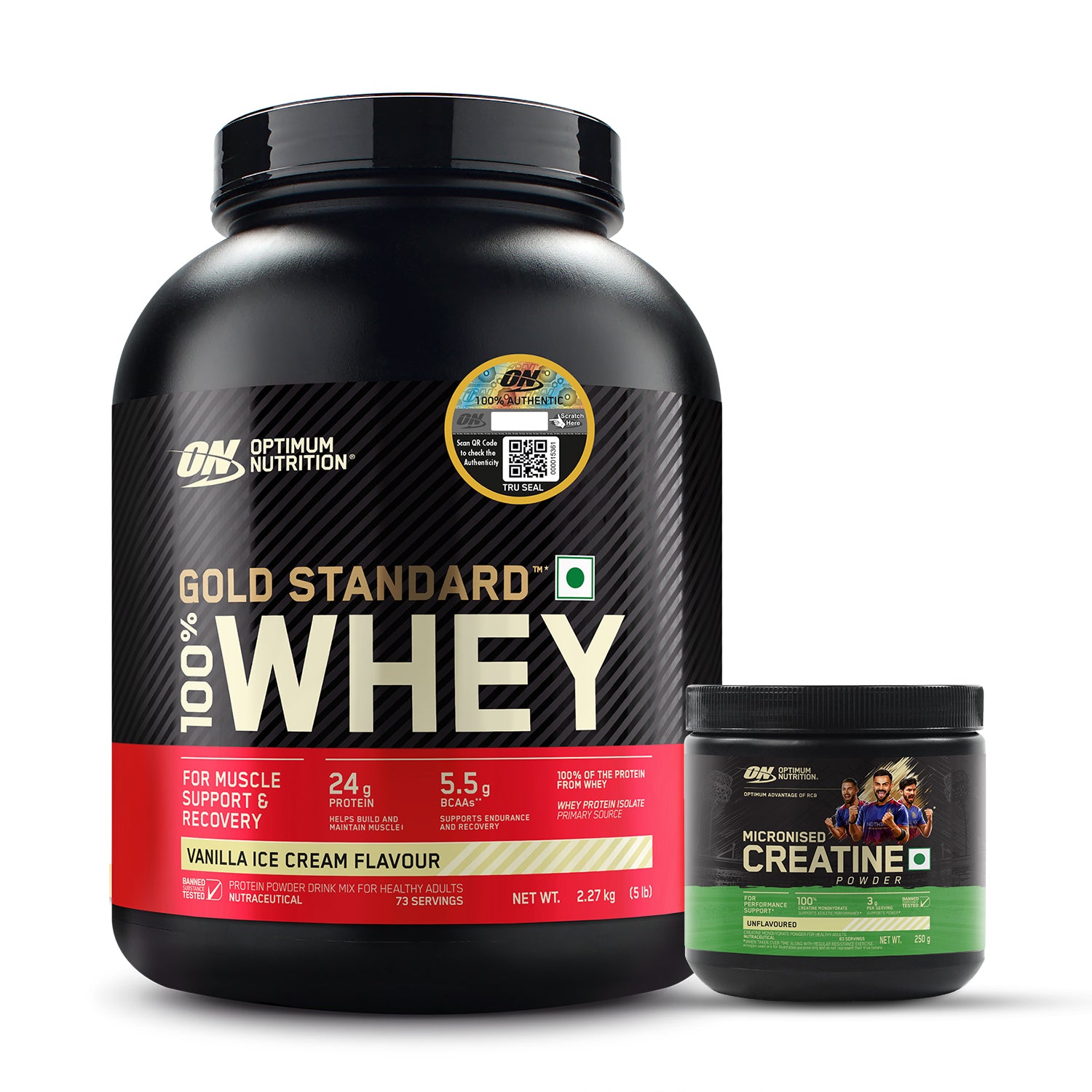 Gold Standard 100% Whey Protein Powder Vanilla Ice Cream 5 lbs and Micronised Creatine Powder Unflavoured 250 g
