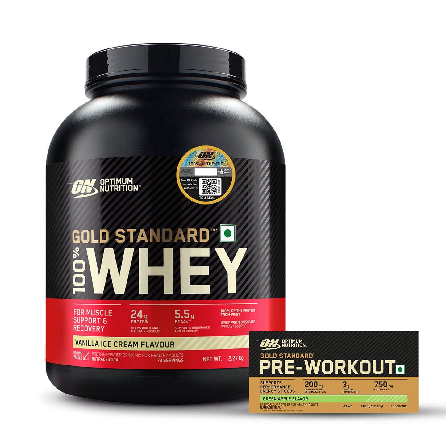 Gold Standard 100% Whey Protein Powder  Vanilla Ice Cream 5 lbs + Pre Workout Green Apple