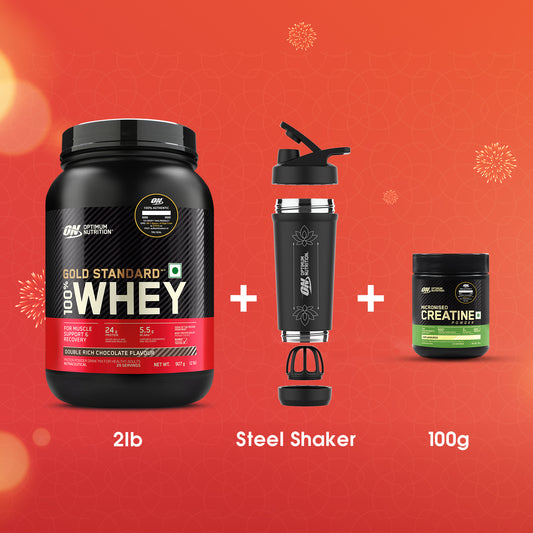Muscle Gain Starter Pack Gift Box: Gold Standard 100% Whey Double Rich Chocolate 2 lbs + Creatine 100g + Steel Shaker