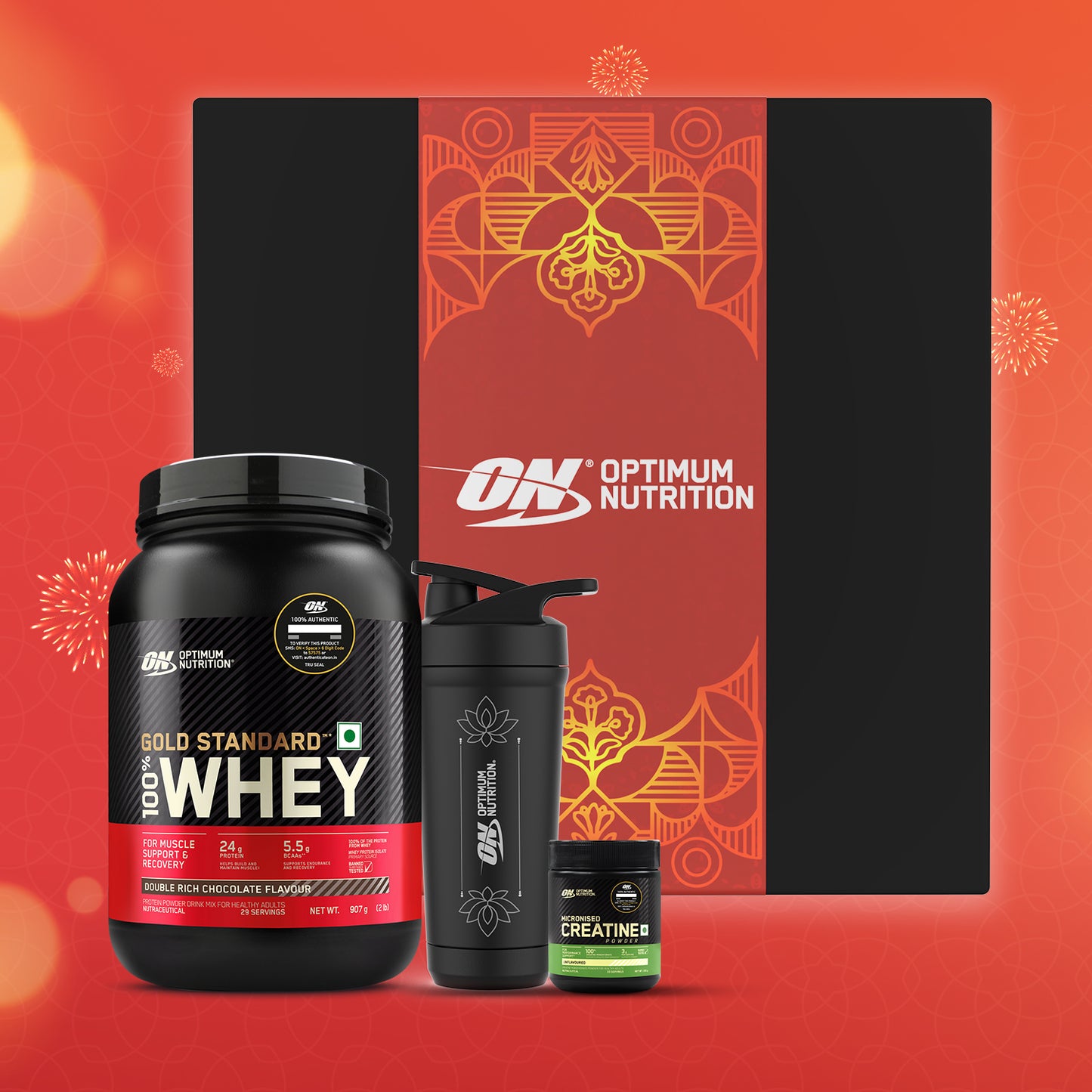Muscle Gain Starter Pack Gift Box: Gold Standard 100% Whey Double Rich Chocolate 2 lbs + Creatine 100g + Steel Shaker