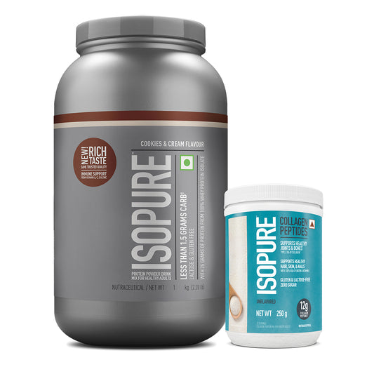 Isopure - Cookies & Cream - 1 Kg + Isopure Collagen Peptides (12g/serve) with Biotin & Vitamin E- 250g (Unflavored)