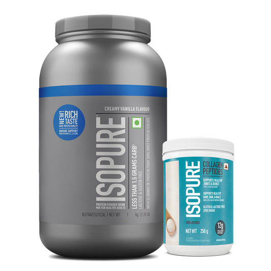 Isopure - Creamy Vanilla - 1 Kg + Isopure Collagen Peptides (12g/serve) with Biotin & Vitamin E- 250g (Unflavored) + FREE Isopure Shaker Isopure - Creamy Vanilla - 1 Kg + Isopure Collagen Peptides (12g/serve) with Biotin & Vitamin E- 250g (Unflavored) + FREE Isopure Shaker