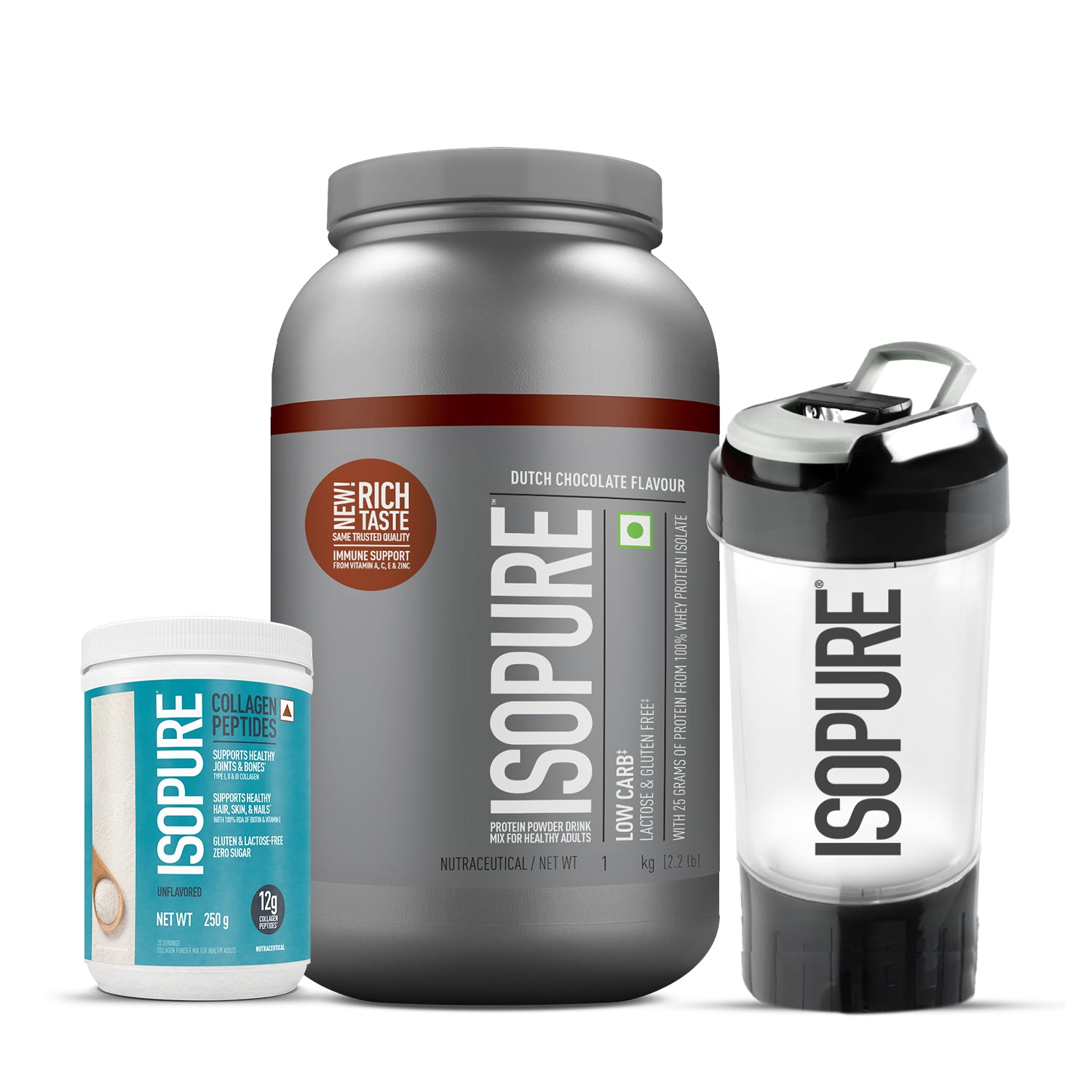 Isopure - Dutch Chocolate - 1 Kg + Isopure Collagen Peptides (12g/serve) with Biotin & Vitamin E- 250g (Unflavored) + FREE Isopure Shaker