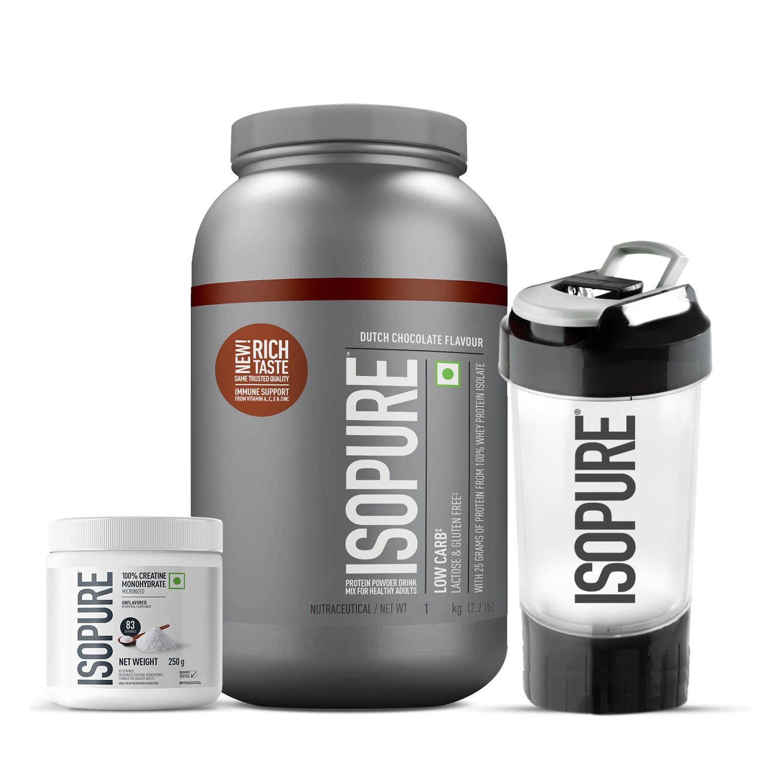 Isopure Dutch Chocolate 1kg + Isopure 100% Creatine Monohydrate Micronized, 250g- 83 servings + FREE Isopure Shaker