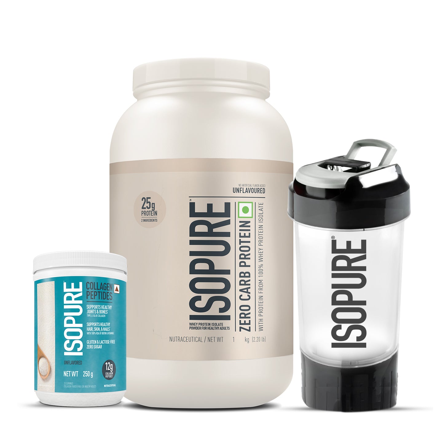 Isopure Unflavored + Isopure Collagen Peptides (12g/serve) with Biotin & Vitamin E- 250g (Unflavored) + FREE Isopure Shaker
