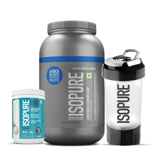 Isopure - Creamy Vanilla - 1 Kg + Isopure Collagen Peptides (12g/serve) with Biotin & Vitamin E- 250g (Unflavored) + FREE Isopure Shaker