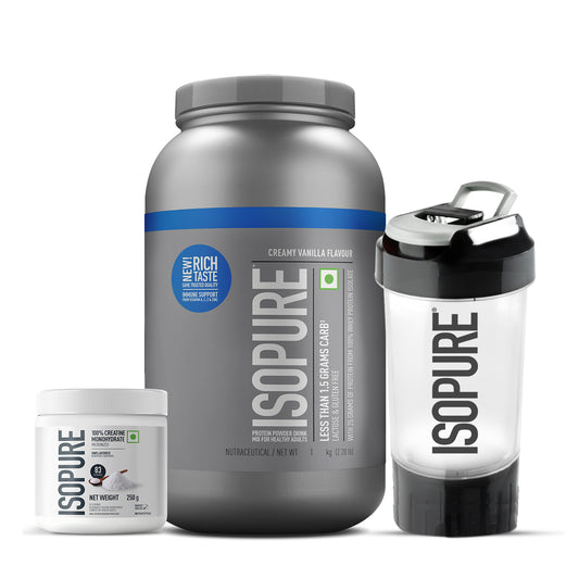 Isopure Creamy Vanilla 1 kg + Isopure 100% Creatine Monohydrate Micronized, 250g- 83 servings + FREE Isopure Shaker