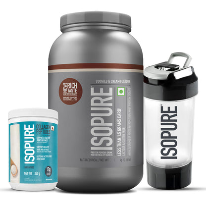 Isopure - Cookies & Cream - 1 Kg + Isopure Collagen Peptides (12g/serve) with Biotin & Vitamin E- 250g (Unflavored) + FREE Isopure Shaker