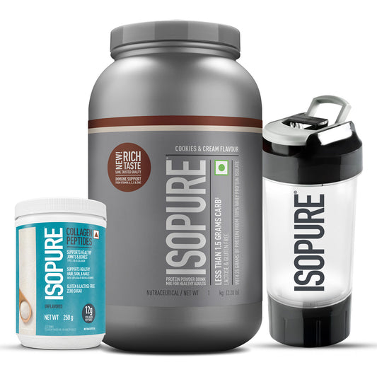 Isopure - Cookies & Cream - 1 Kg + Isopure Collagen Peptides (12g/serve) with Biotin & Vitamin E- 250g (Unflavored) + FREE Isopure Shaker