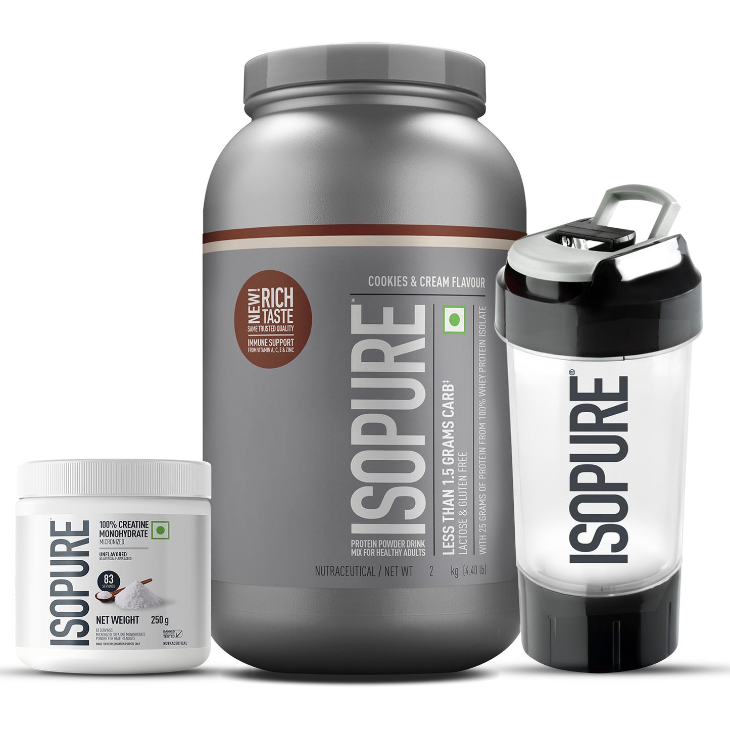 Isopure 2 kg Cookies & Cream + Isopure 100% Creatine Monohydrate Micronized, 250g + FREE Isopure Shaker