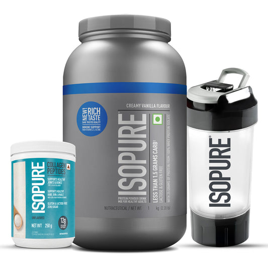 Isopure - Vanilla - 1 Kg + Isopure Collagen Peptides (12g/serve) with Biotin & Vitamin E- 250g (Unflavored) + FREE Isopure Shaker