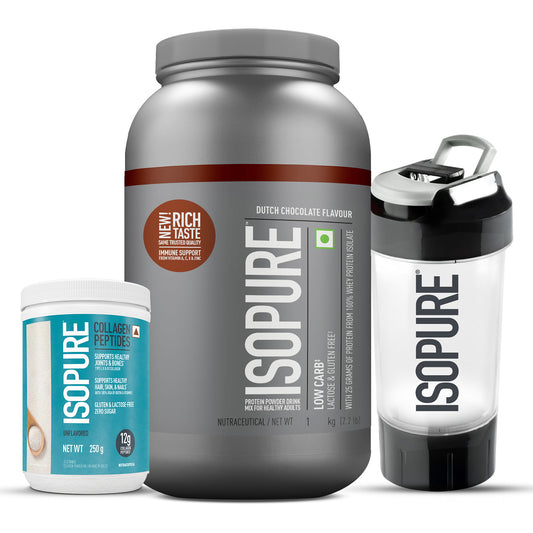 Isopure Low Carb Whey Protein Isolate Powder | Dutch Chocolate | 1 Kg + Isopure Collagen Peptides (12g/serve) with Type I,II & III Collagen (Unflavoured)- 250g + FREE Isopure Shaker