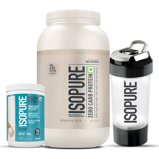 Isopure Unflavored + Isopure Collagen Peptides (12g/serve) with Biotin & Vitamin E- 250g (Unflavored) + FREE Isopure Shaker