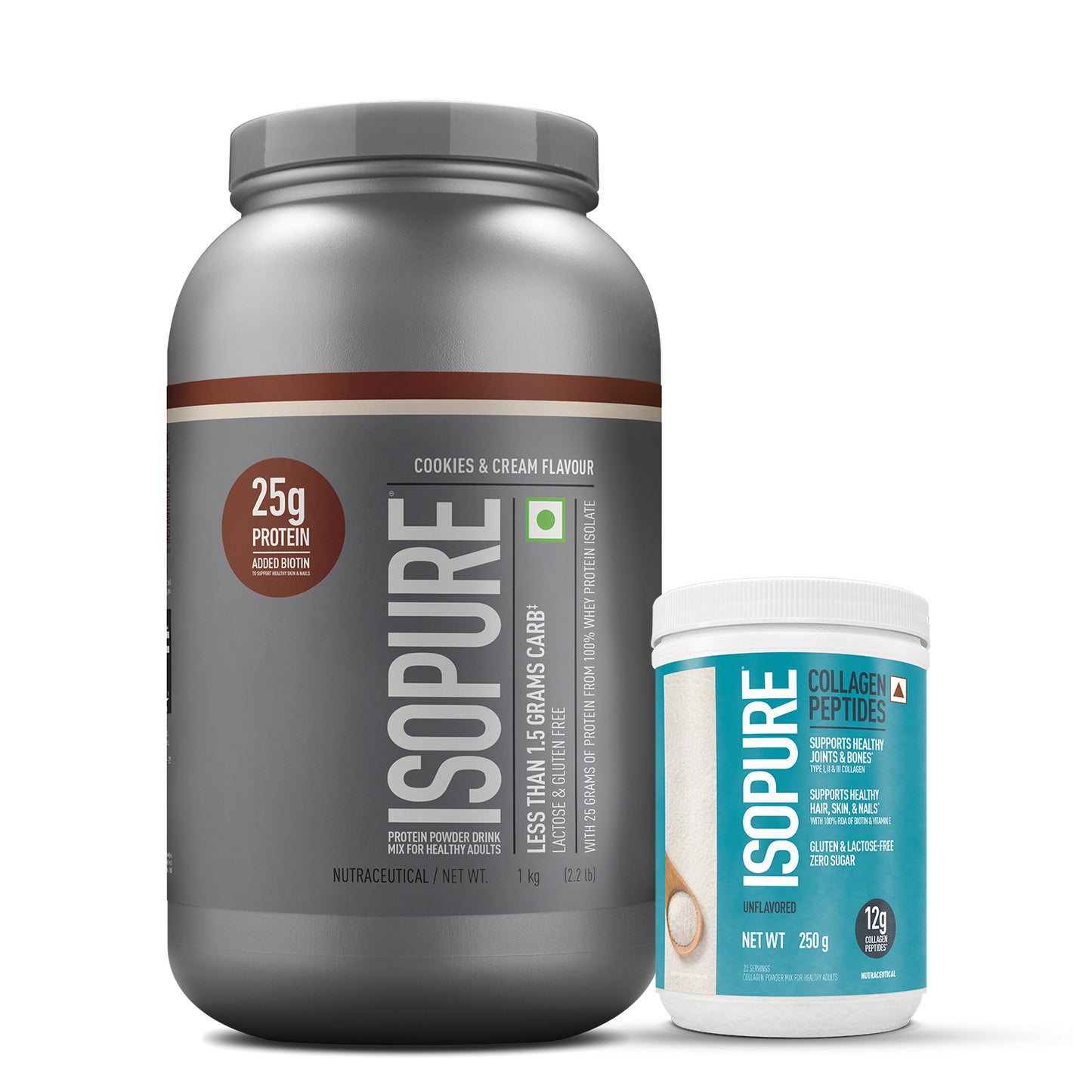 Isopure - Cookies & Cream - 1 Kg + Isopure Collagen Peptides (12g/serve) with Biotin & Vitamin E- 250g (Unflavored)