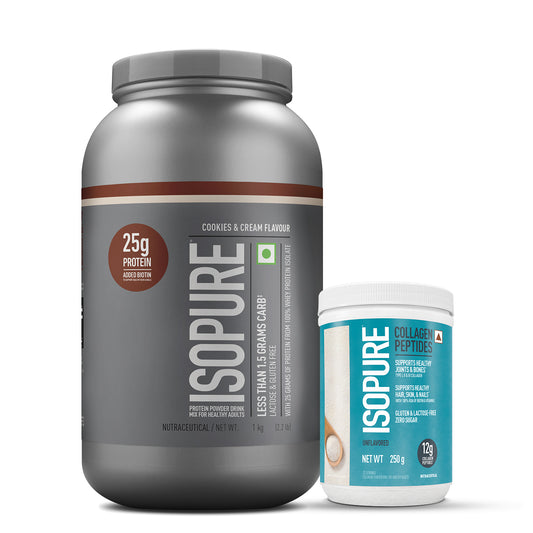 Isopure - Cookies & Cream - 1 Kg + Isopure Collagen Peptides (12g/serve) with Biotin & Vitamin E- 250g (Unflavored)