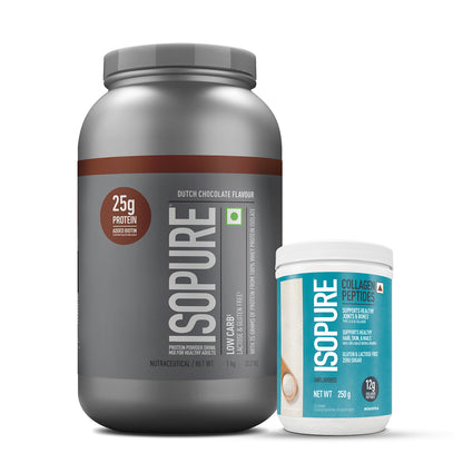 Isopure Low Carb Whey Protein Isolate Powder | Dutch Chocolate | 1 Kg + Isopure Collagen Peptides (12g/serve) with Type I,II & III Collagen (Unflavoured)- 250g