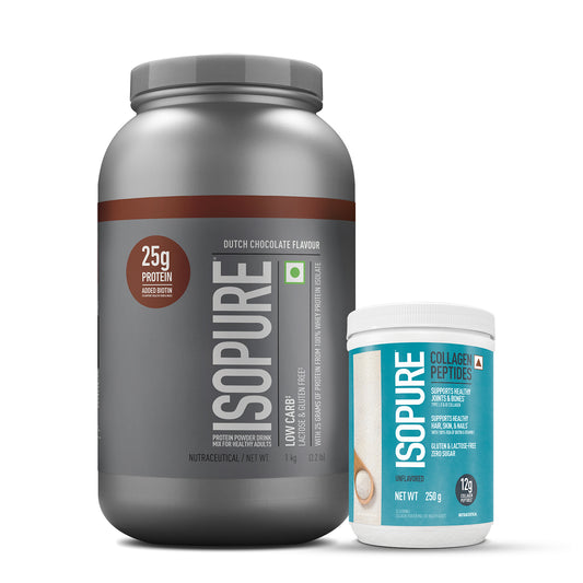 Isopure Low Carb Whey Protein Isolate Powder | Dutch Chocolate | 1 Kg + Isopure Collagen Peptides (12g/serve) with Type I,II & III Collagen (Unflavoured)- 250g