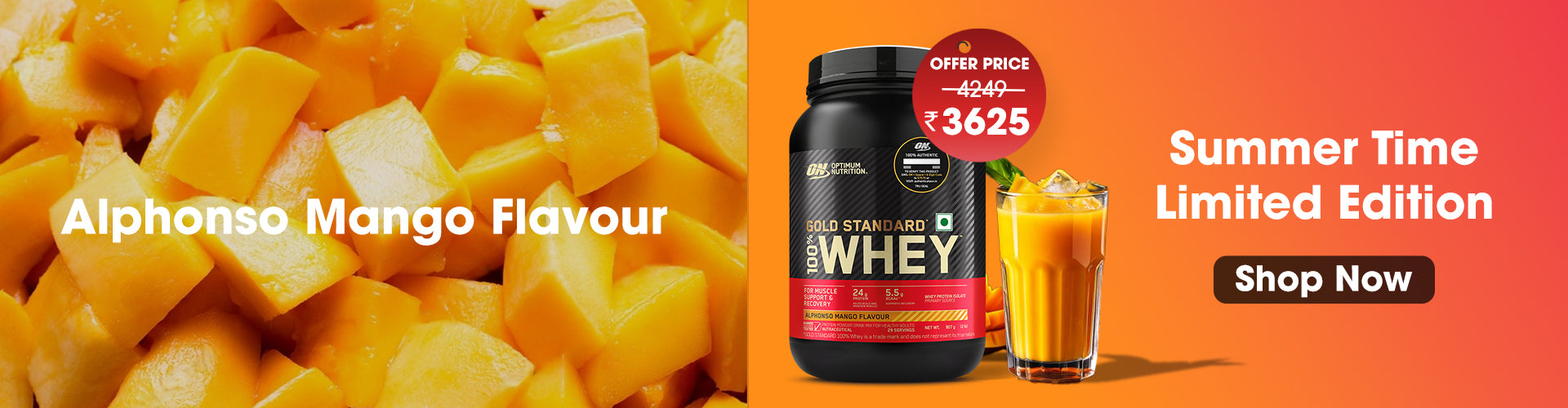 Limited Edition Optimum Nutrition (ON) Gold Standard 100% Whey Protein Powder 2 lb, 907g (Alphonso Mango)