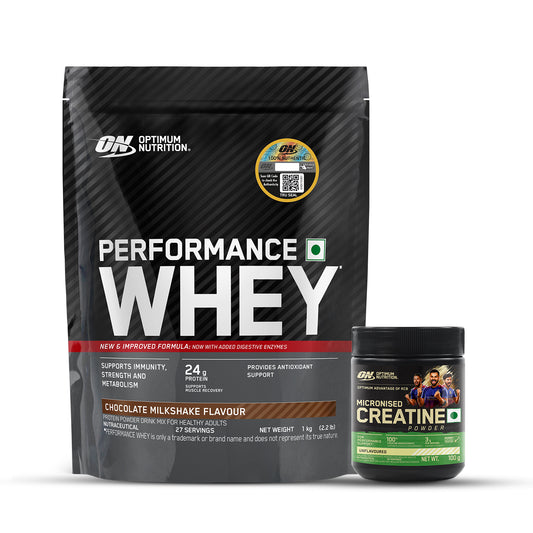 Performance Whey Protein | 1 kg (2.2 lbs) | Chocolate + Micronized Creatine Powder | Unflavoured | 100 g