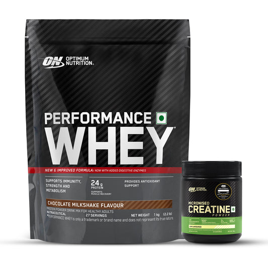 Performance Whey Protein Powder – 1Kg (Chocolate Milkshake) + Micronized Creatine Powder | Unflavoured | 100 g